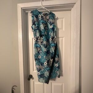 Tommy Hilfiger Blue and White Leaf Print Midi Dress